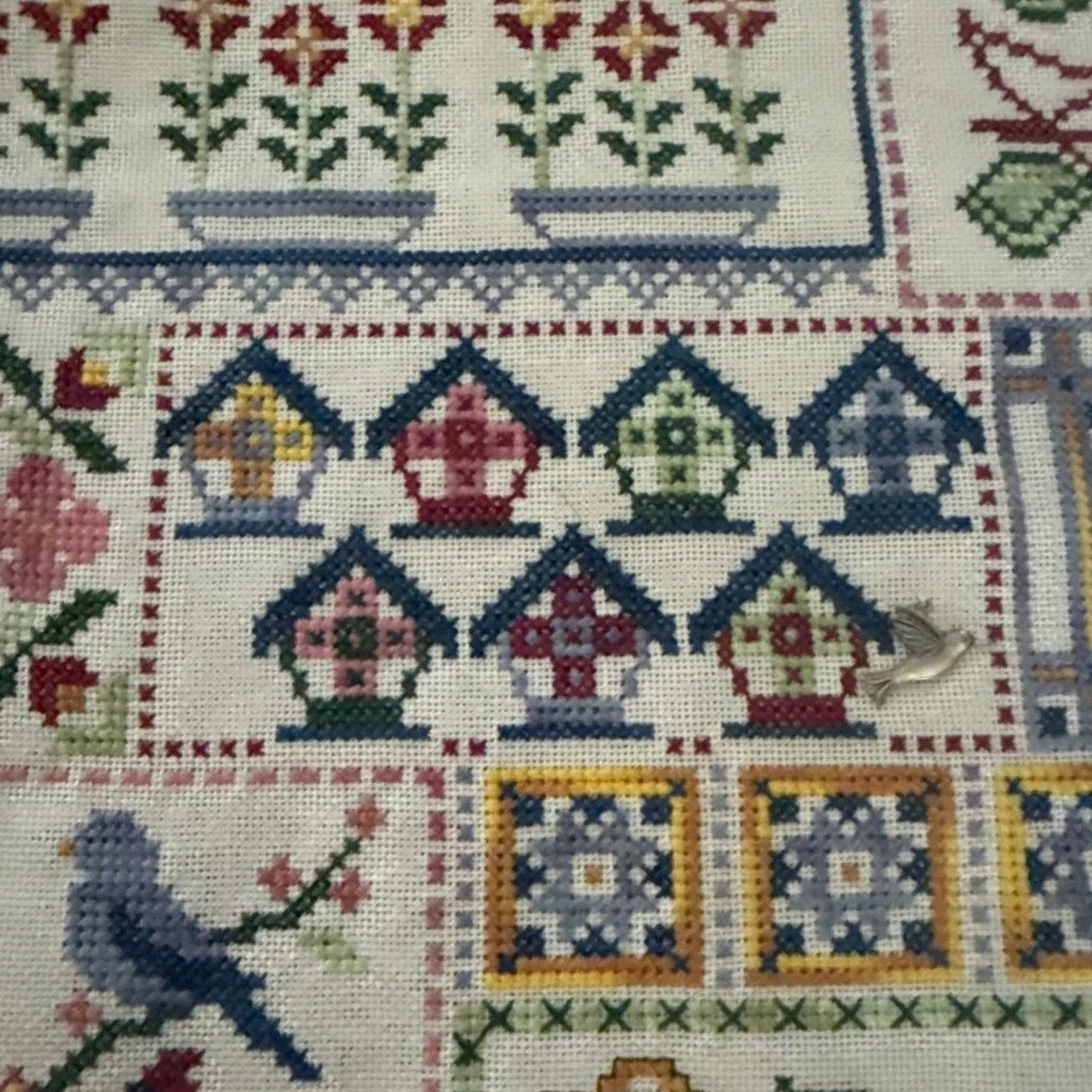 Vtg Completed Cross Stitch Quilt Style 13x9 Granny Core‎ Bird House Floral